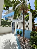 A residential area with a white and blue building, a palm tree, and a white lattice fence.