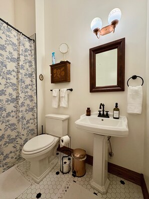 A bathroom with a toilet, sink, mirror, and shower curtain. - Suite A at The Elliott 1887 (LeRoy)