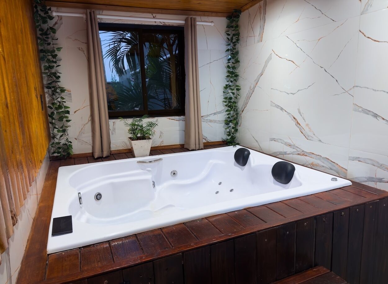 Un jacuzzi rectangular con dos chorros, una planta en maceta y una ventana con cortinas.