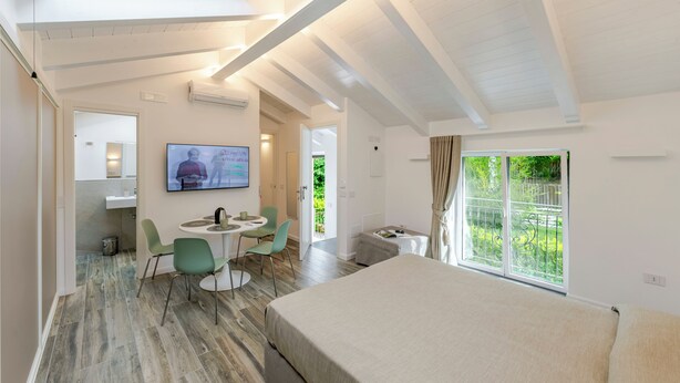 Een kamer met een bed, een eettafel met stoelen, een televisie en een groot raam met uitzicht op groen.