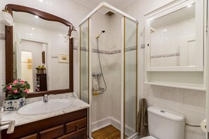Shower, hair dryer, towels