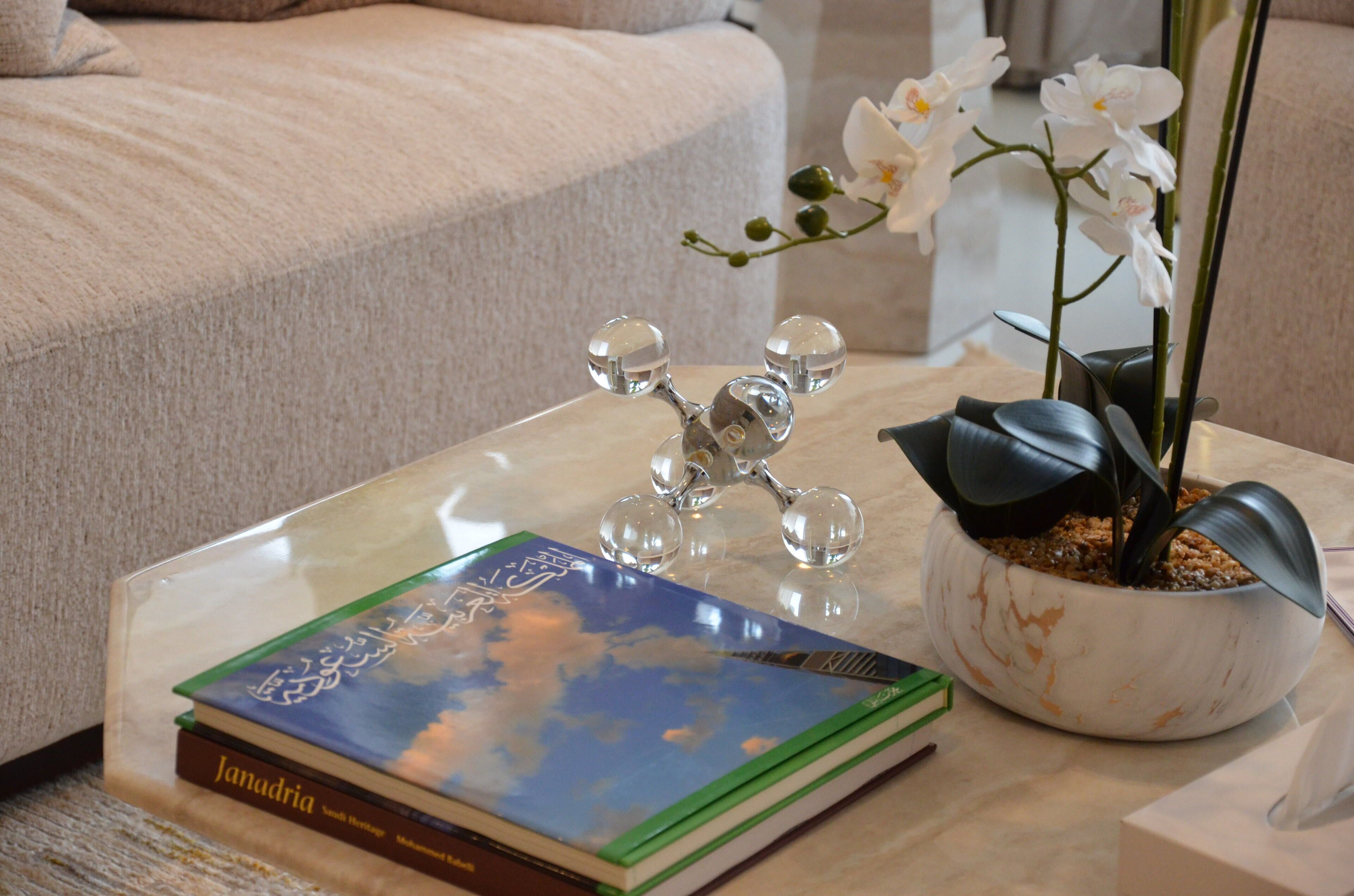 A clear glass coffee table with a book titled 'Janadria' and a potted orchid plant.