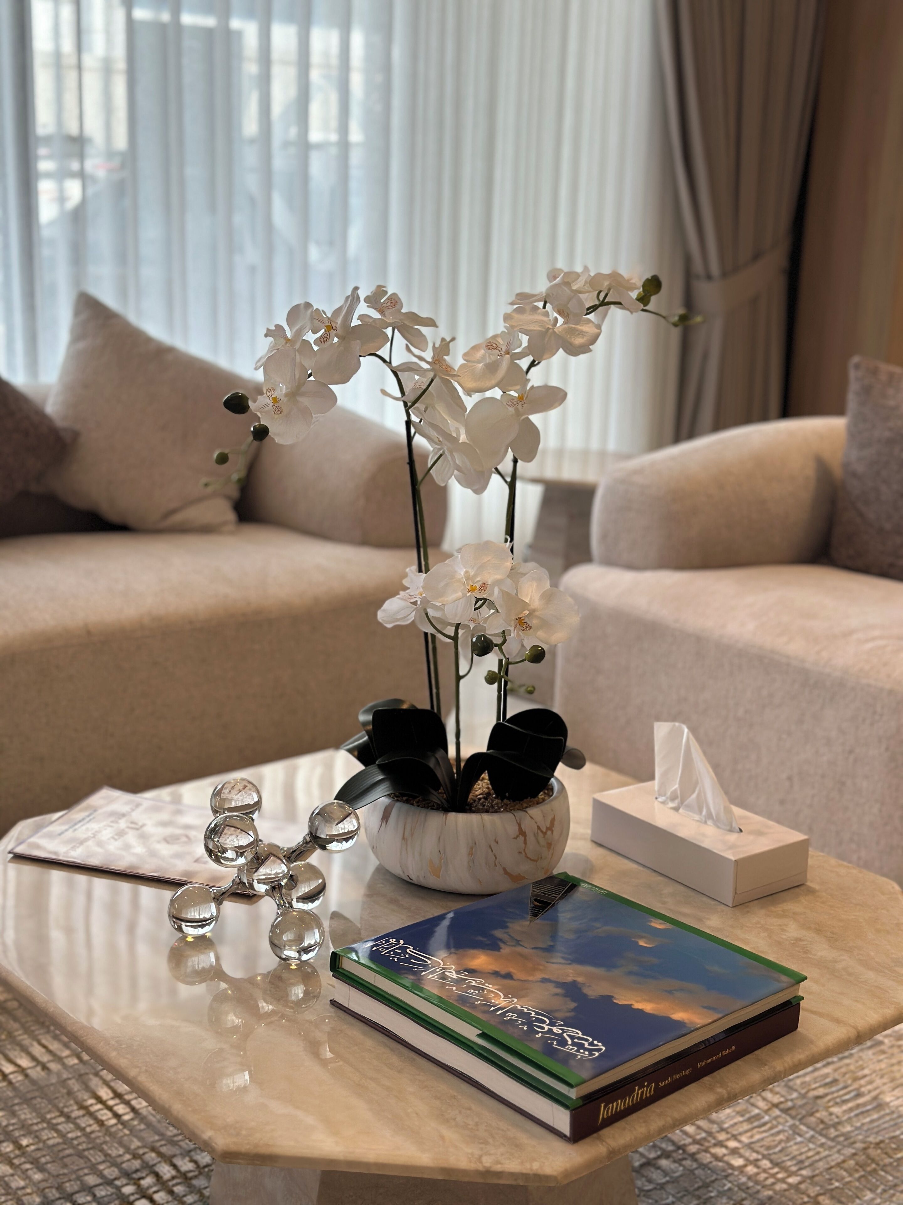 Ein Wohnzimmer mit einer Couch, einem Couchtisch mit einem Buch, einer Taschentuchbox und einer Orchideenpflanze.