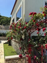 A house with a stone wall and a red fence, surrounded by a well-maintained lawn and a garden with red flowers.