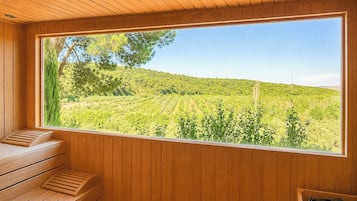 A wooden interior with a large window overlooking a vineyard.