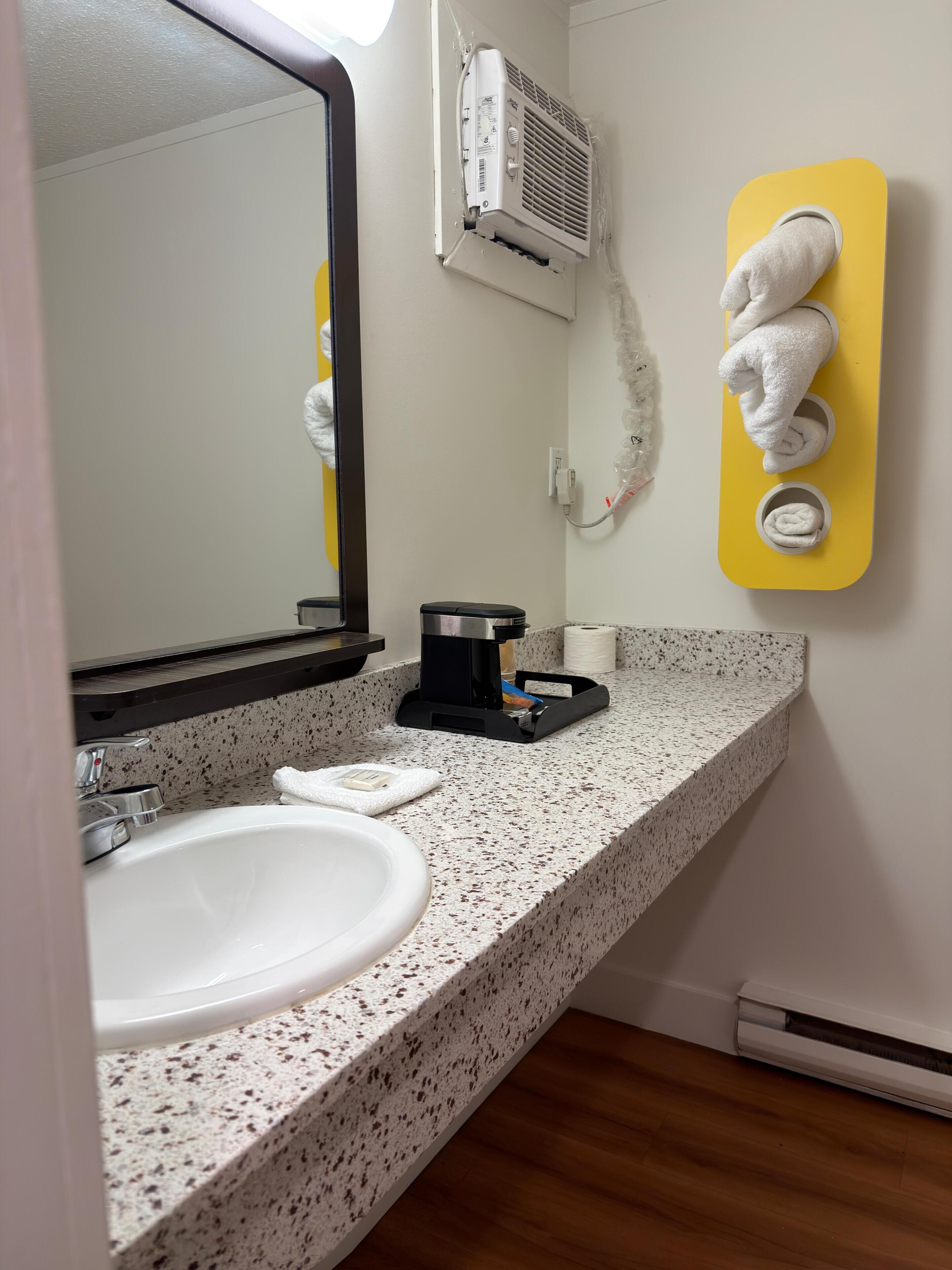 A bathroom with a white sink, a mirror, a towel rack, a coffee maker, and a heater.