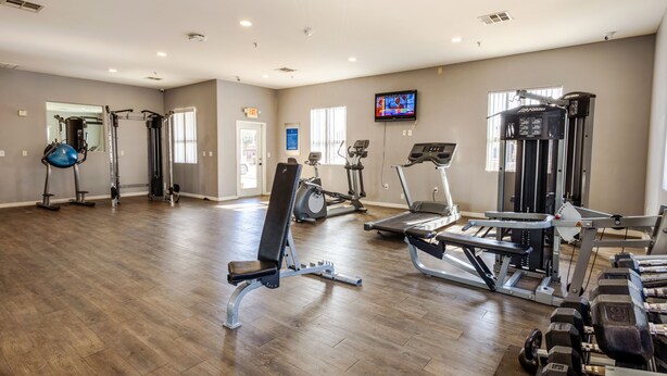 Een ruime fitnessruimte met cardiotoestellen, gewichtbanken en een televisiescherm.