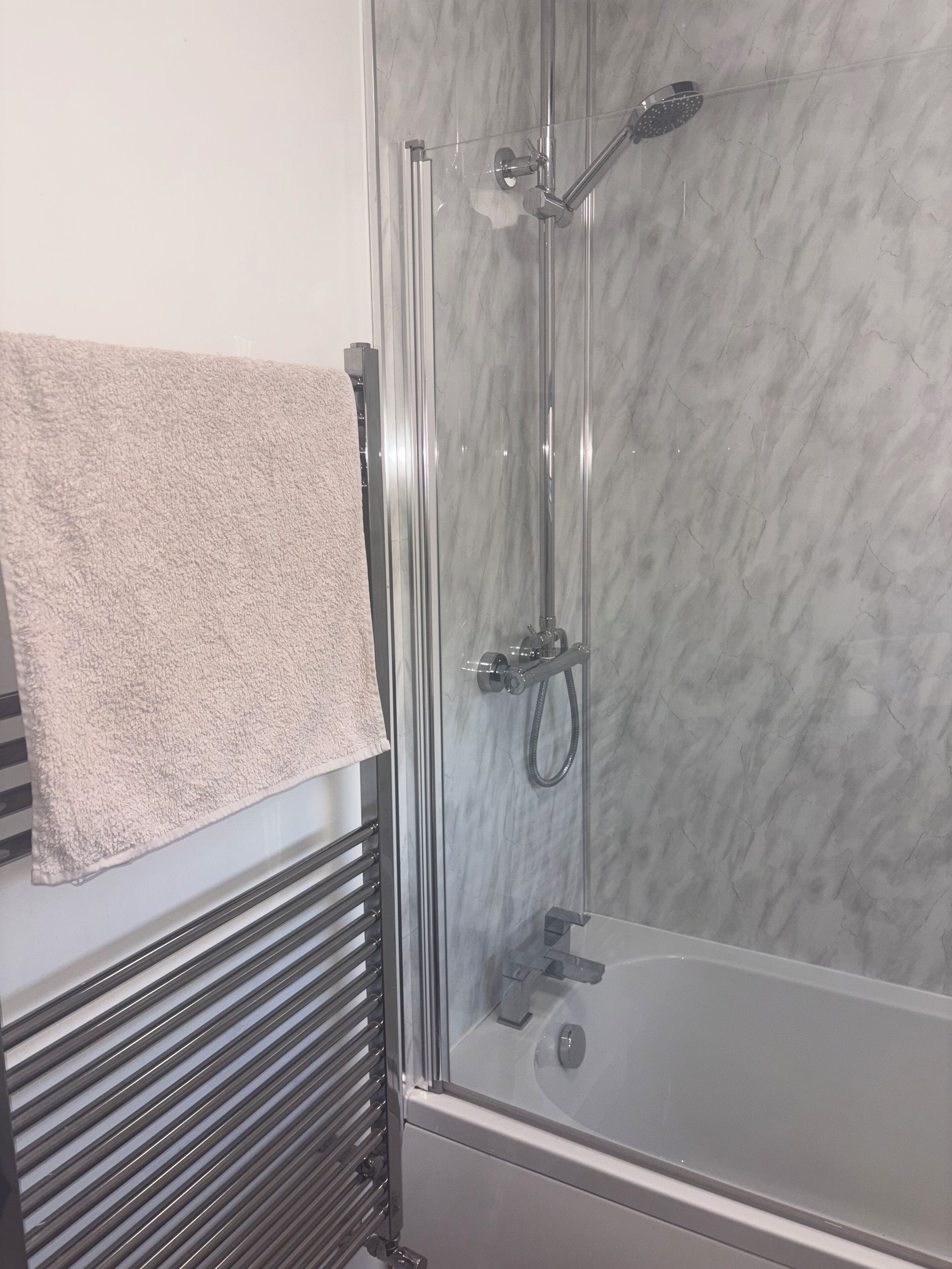 Hair dryer, towels, soap, shampoo