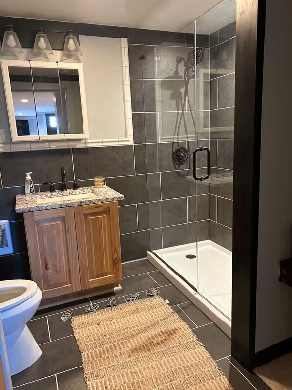 Hair dryer, towels, soap, toilet paper