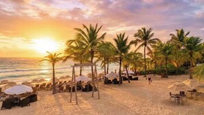 Una playa con palmeras, tumbonas y sombrillas.