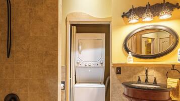 Hair dryer, towels, soap, toilet paper