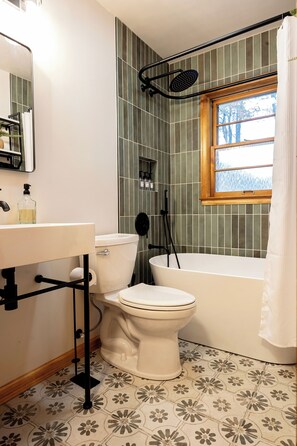 Hair dryer, towels, soap, toilet paper