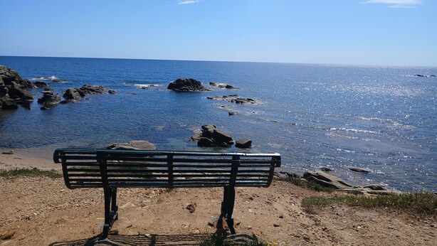 Un banco con vistas a la costa rocosa y al mar.