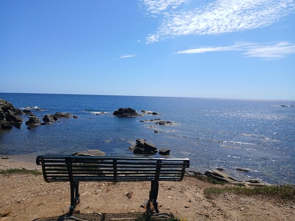 A bench overlooking a rocky coastline with the sea. - Vacation home with garden in Torre dei Corsari (Torre dei Corsari)