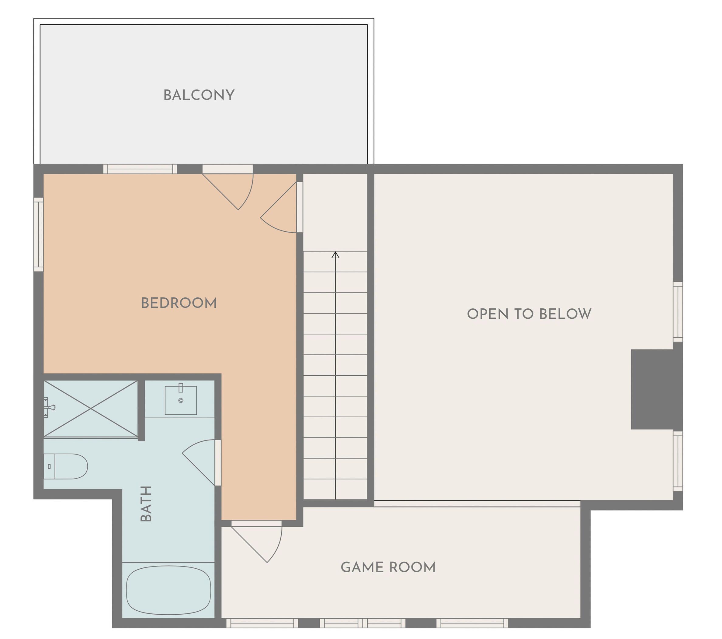 Plano de planta que muestra un dormitorio, balcón, baño, sala de juegos y zona abierta.