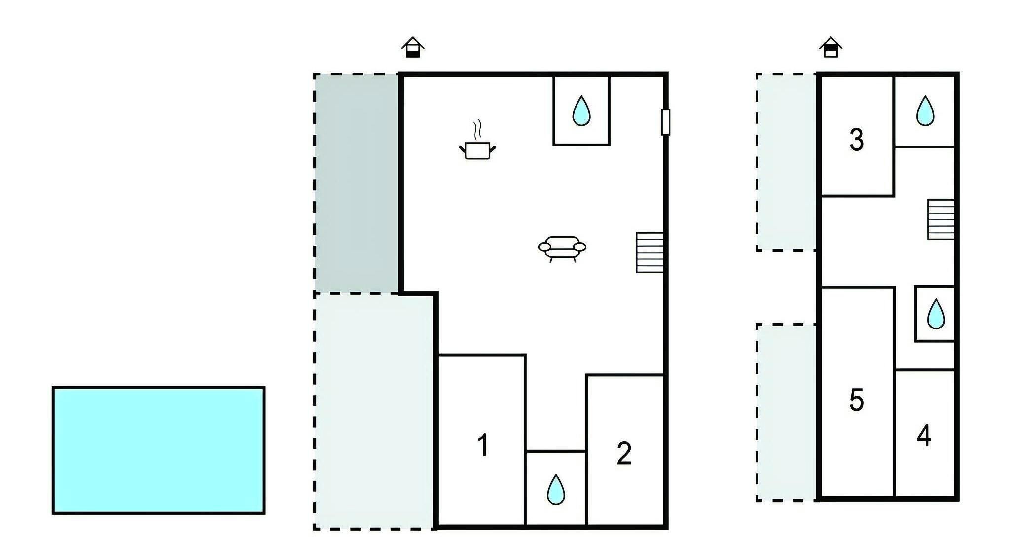 Plano de planta con tres habitaciones, una cocina y un baño. La habitación 1 tiene ducha, la habitación 2 tiene inodoro y la habitación 3 tiene lavabo.
