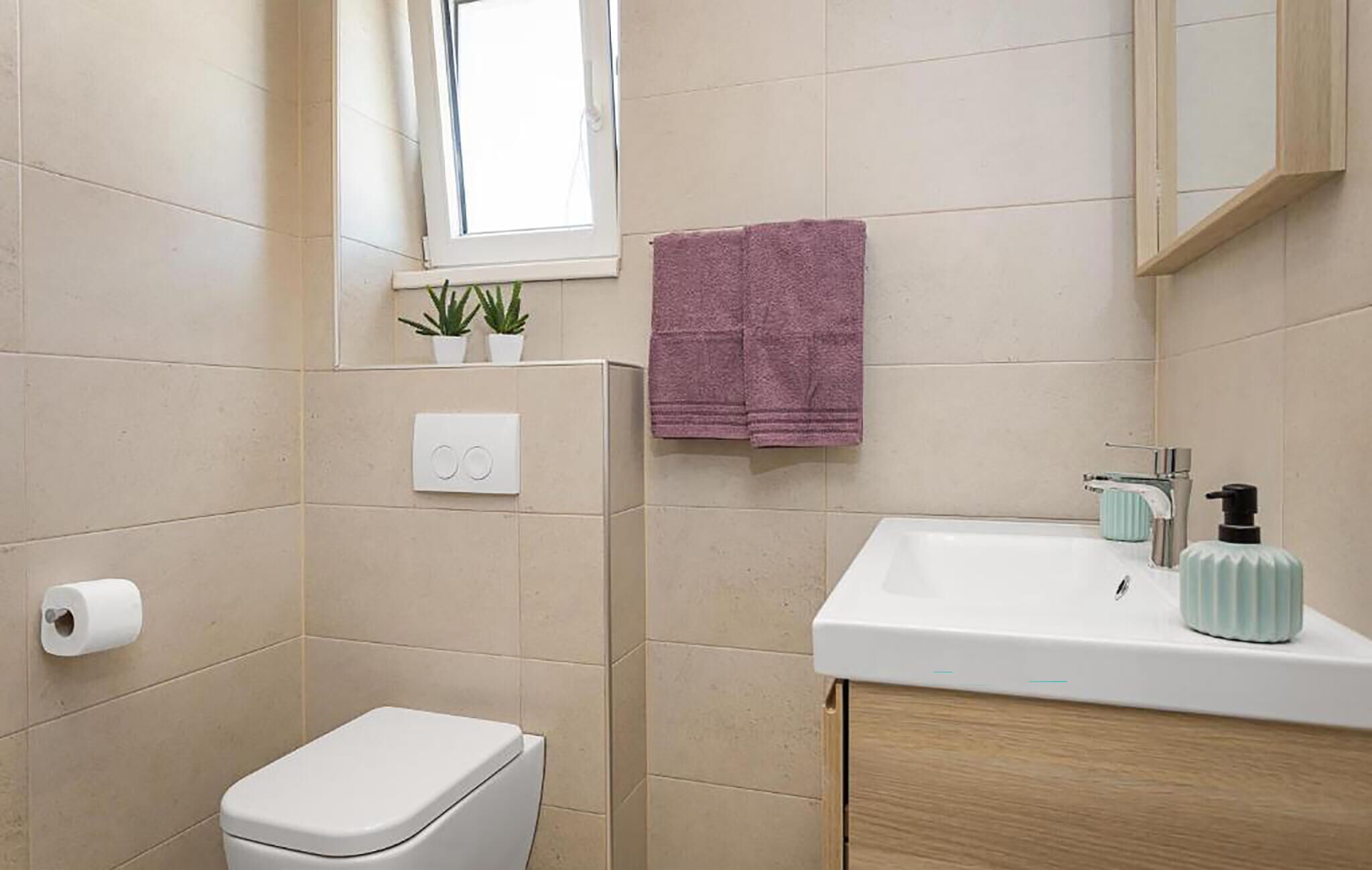 Un baño con inodoro, lavamanos con dispensador de jabón, toallero con toalla, interruptor de luz y una pequeña ventana con plantas.