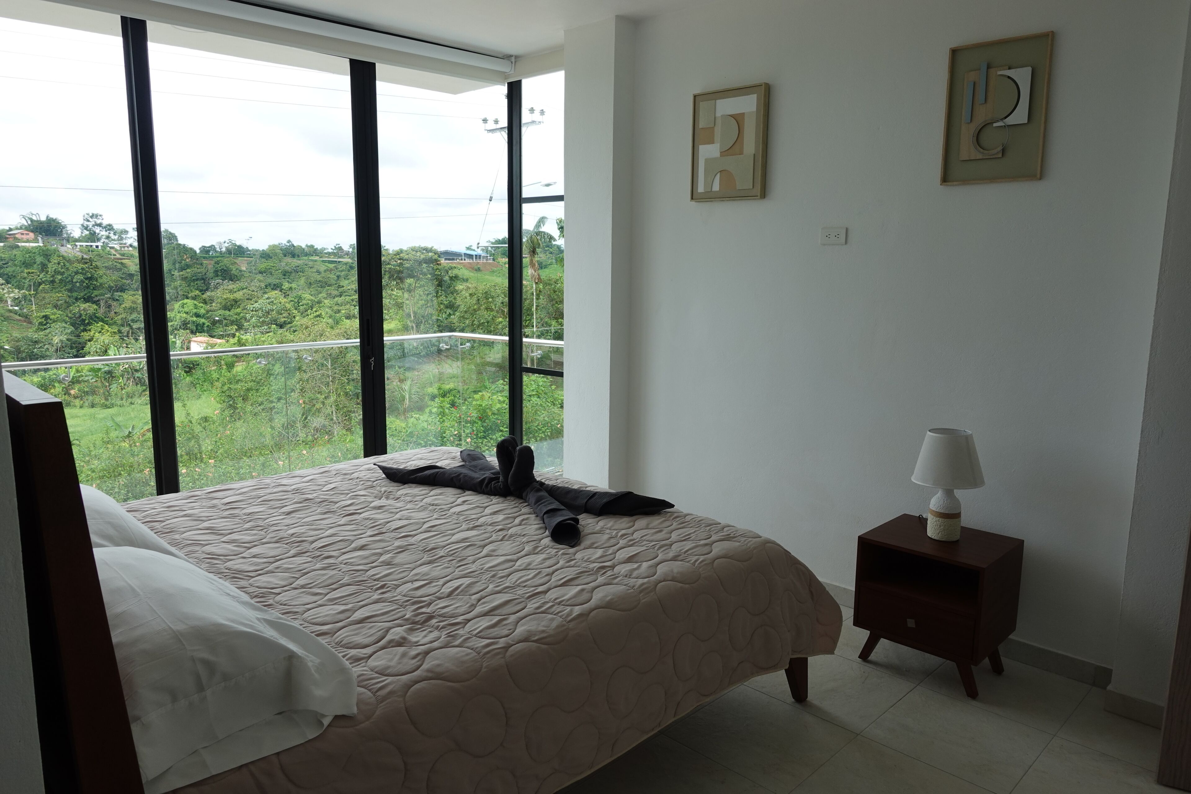 A bedroom with a large window, a bed, a nightstand, and two wall art pieces.