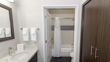 Hair dryer, towels, soap, shampoo