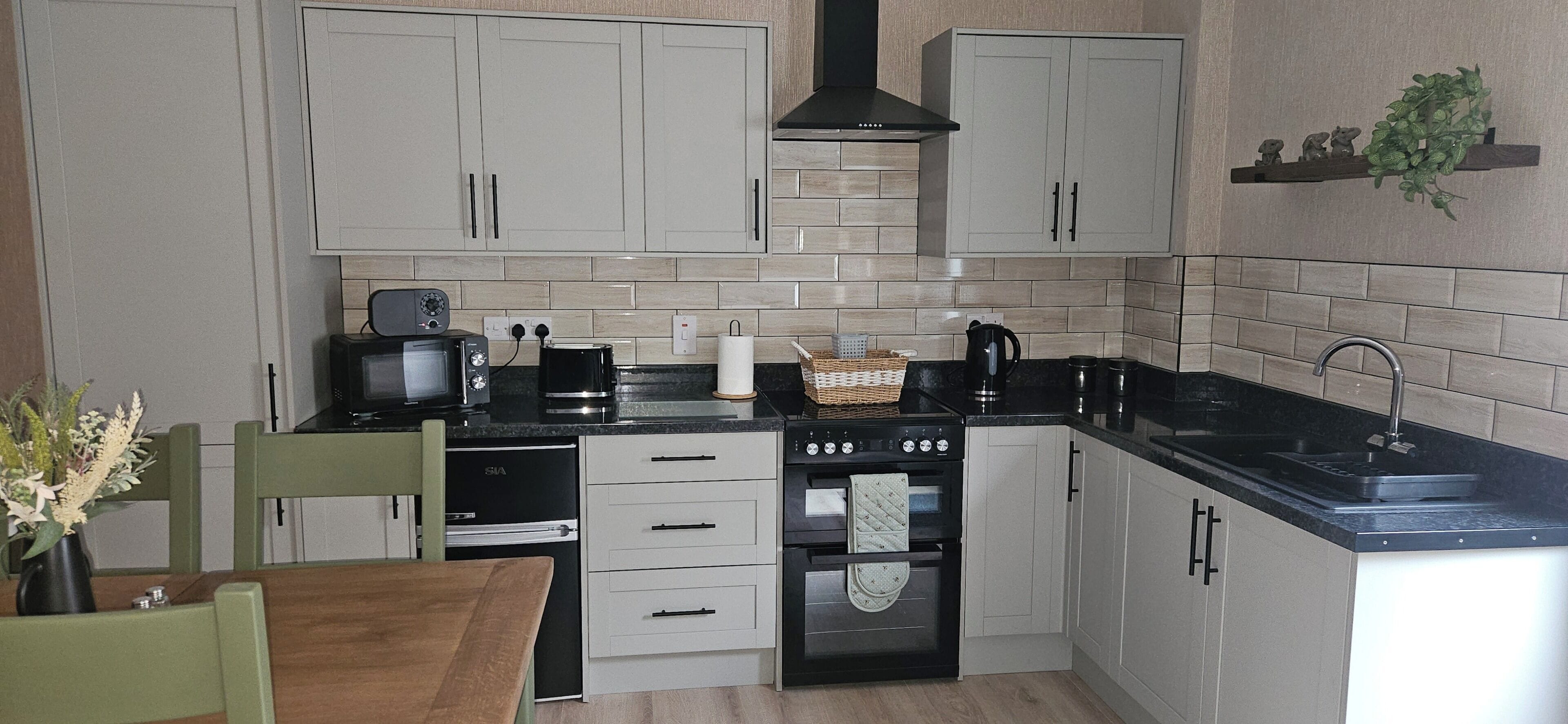 Fridge, microwave, oven, electric kettle