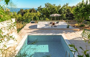 A rectangular swimming pool with a stone deck, surrounded by greenery and a view of distant mountains.