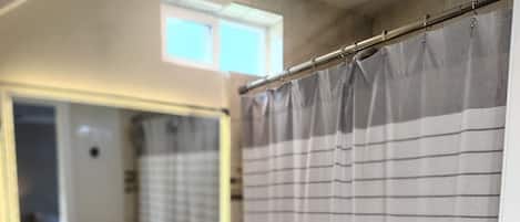 Hair dryer, towels, soap, toilet paper
