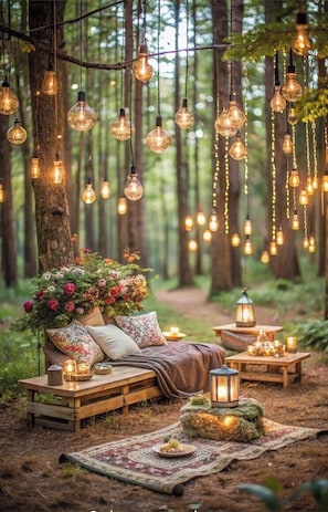 A cozy forest setting with a wooden bench, a floral arrangement, and hanging light bulbs. - The Cedars Estate – Where Love Grows ❤️ (Labyrinth)