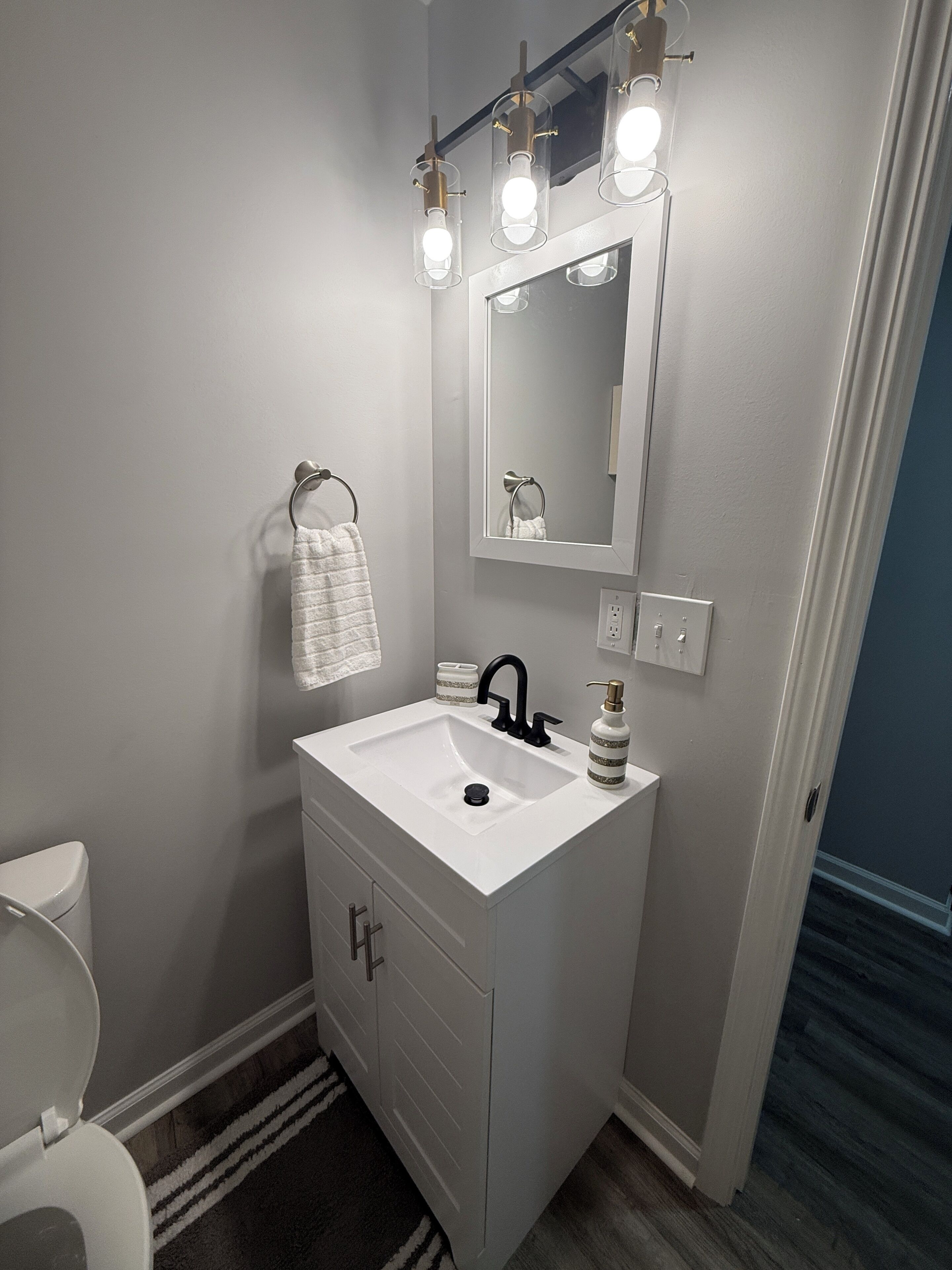 Hair dryer, towels, soap, toilet paper