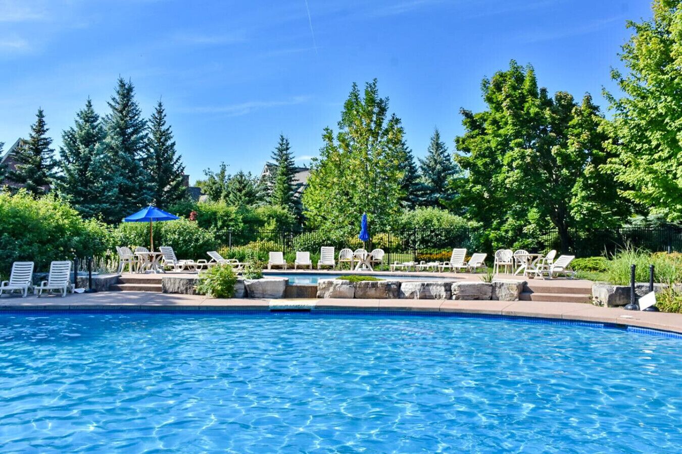 Ein Swimmingpool mit Liegestühlen und Sonnenschirmen, umgeben von Bäumen.
