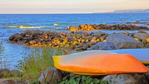 Een rotsachtige kustlijn met surfplanken en uitzicht op de zee.