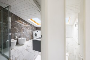 Regadera, secadora de cabello, bidet, toallas 