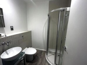 Douche, sèche-cheveux, serviettes fournies, savon