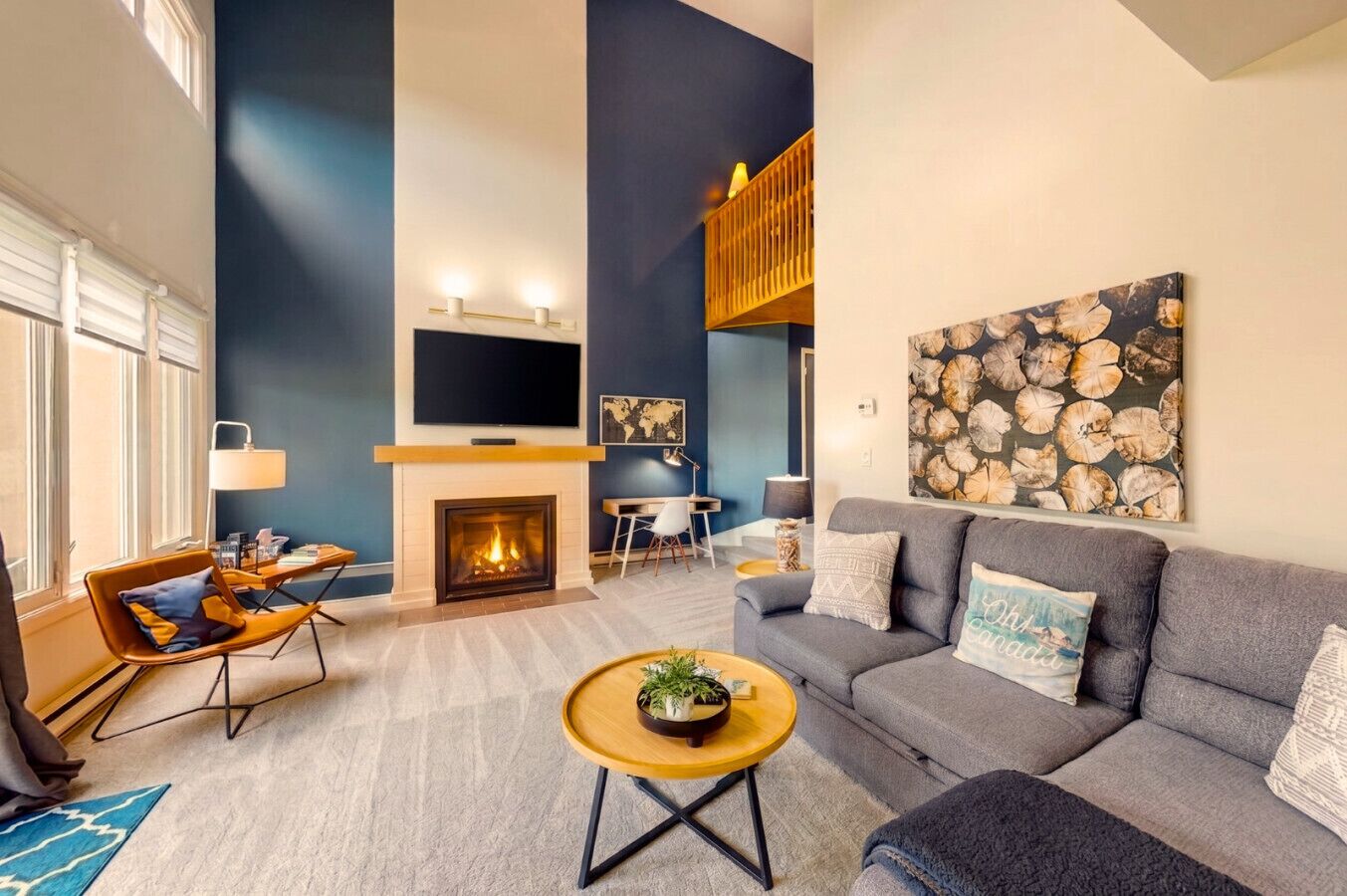 TV, fireplace