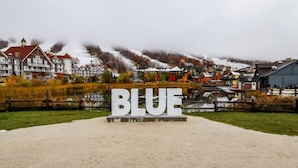 Opastekyltti, jossa on sana ”BLUE”, sijaitsee järvenrantakaupungin edessä. Taustalla näkyy rakennuksia ja vuoria.