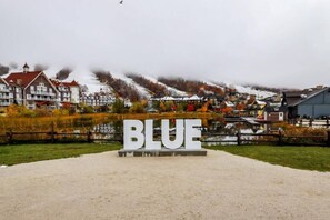 Ein Schild mit dem Wort 'BLUE' vor einer an Seen gelegenen Stadt mit Gebäuden und einem Berg im Hintergrund.
