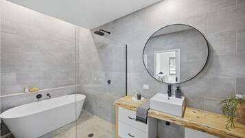 Shower, hair dryer, towels, soap