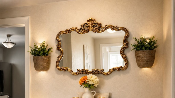 Een consoletafel met gouden frame, een spiegel met een sierlijk gouden frame, en twee wandplanters.