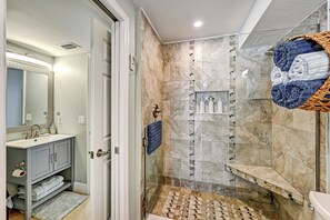 Shower, hair dryer, bidet, towels - Ocean Vibes 2 BR, beachfront condo, endless shore/ocean views, steps to the sand (Fort Myers Beach)