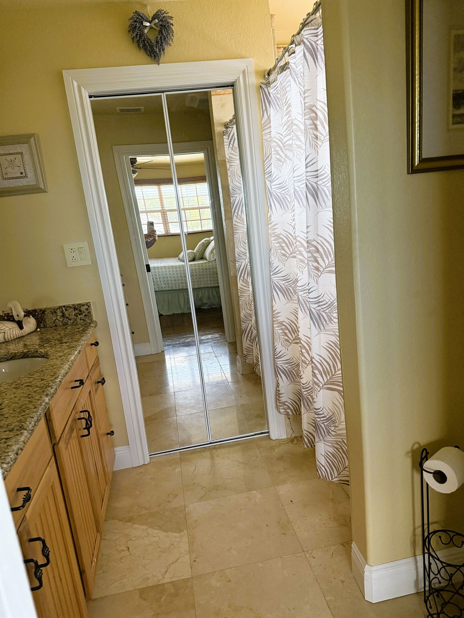 A bathroom with a shower curtain, toilet paper holder, and a mirror.