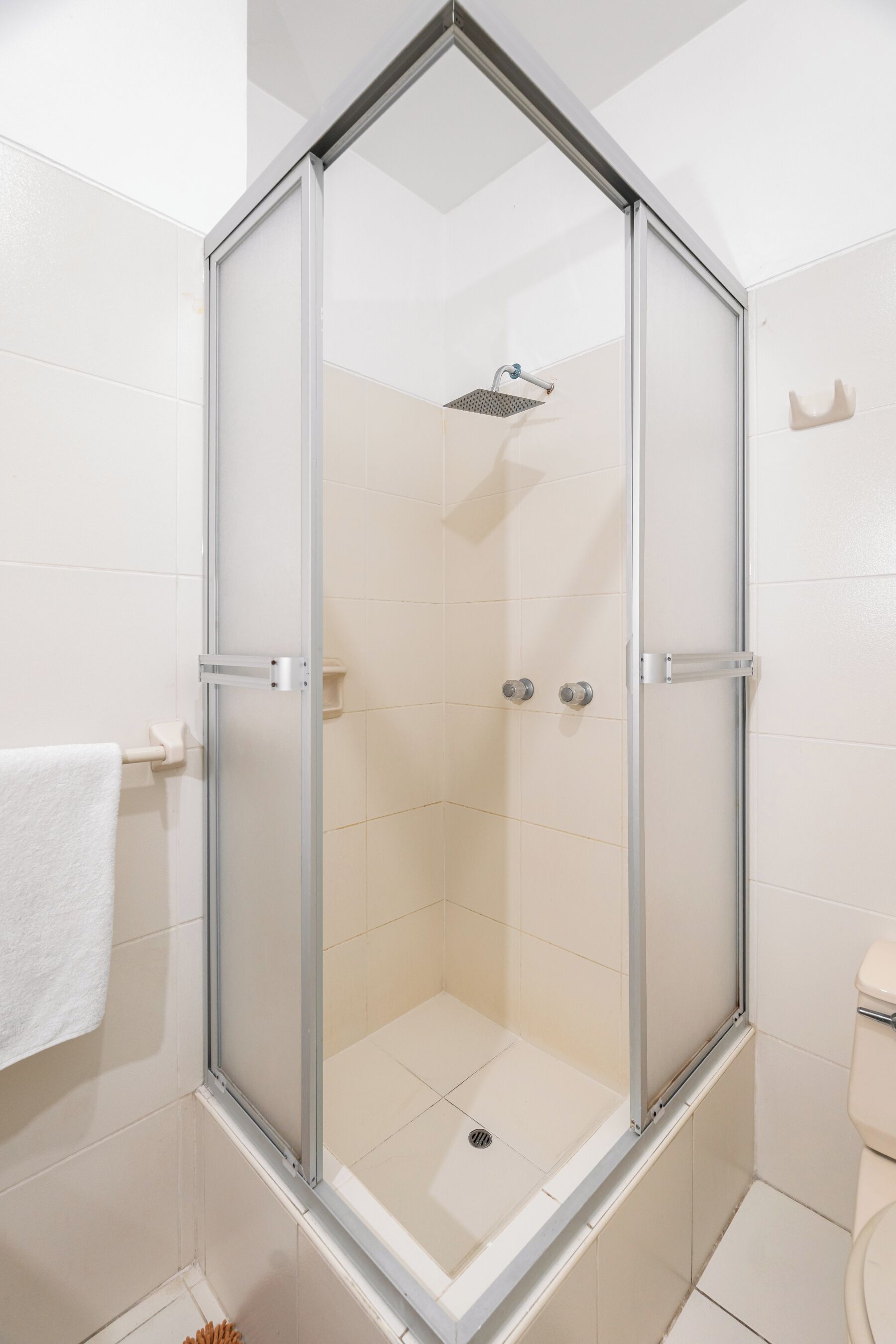 Un vestidura de ducha con paredes de vidrio, un cabezal de ducha, un perchero para toallas y un inodoro en un baño con azulejos blancos.