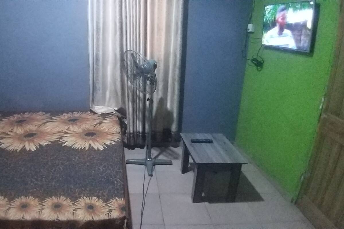 A room with a bed, a standing fan, a small table, and a television on the wall.