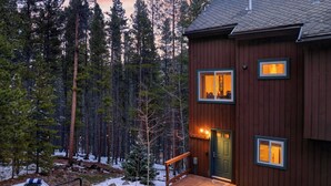 Une cabane en bois avec une porte verte, de nombreuses fenêtres et une terrasse.