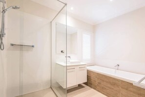 Shower, hair dryer, shampoo