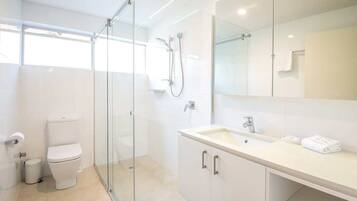 Shower, hair dryer, shampoo