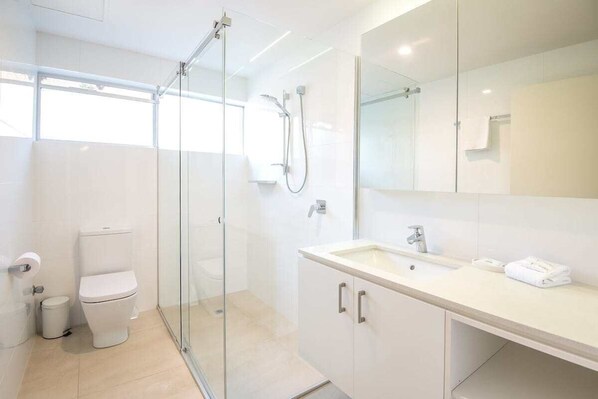 Shower, hair dryer, shampoo