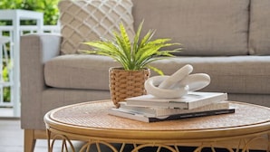 A wicker table with a plant, books, and a white object. - Modern, Stylish, Resort style Noosa River stay (Noosa Region)