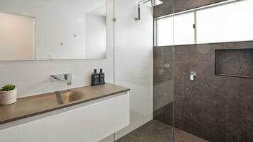 Shower, hair dryer, shampoo