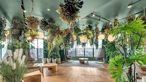 A spacious room with a high ceiling, large windows, and a variety of hanging plants. - Modern High Rise Stay- 23 Floor Views (Miami)