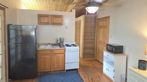 A kitchen with wooden cabinets, a black refrigerator, a stove, a microwave, and a blue rug. - Peaceful Lake Guesthouse (Montgomery)