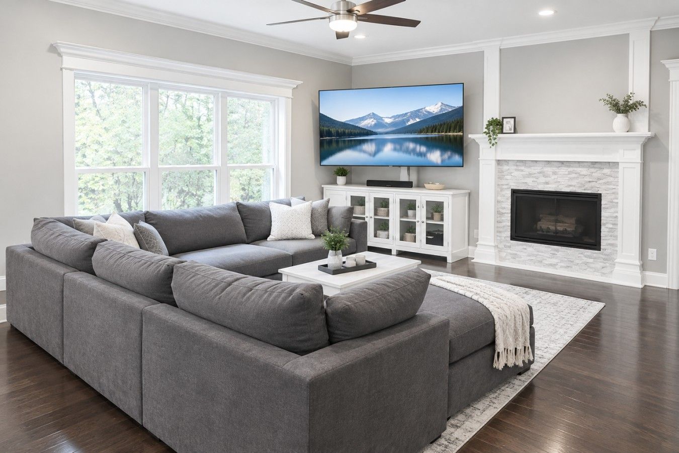 Bright Modern Living Room with Mountain TV View